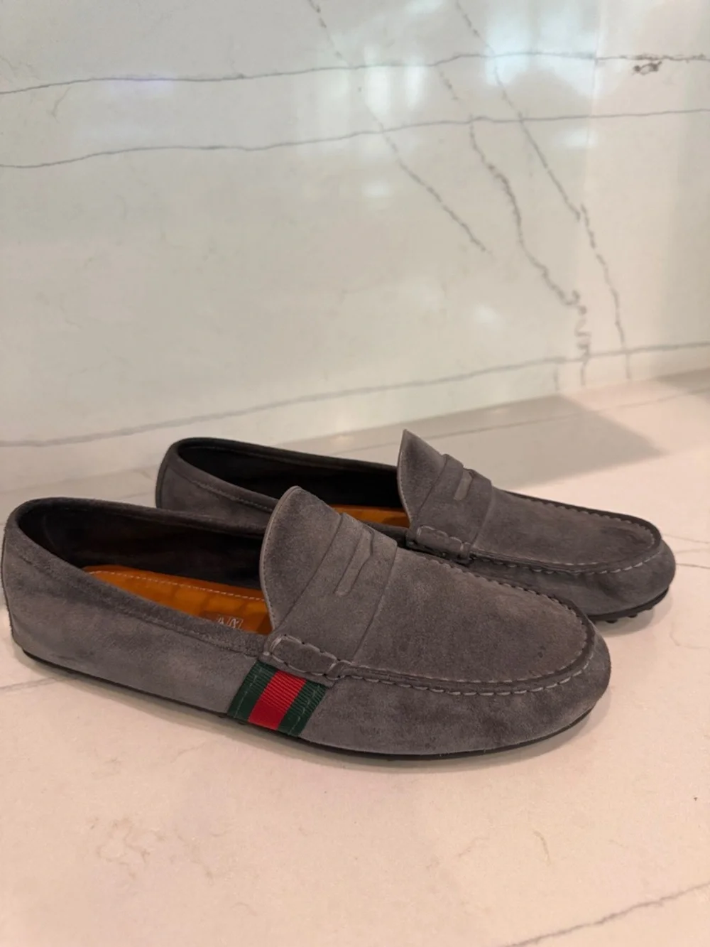 Gucci Gray Suede Loafers with Green-Red Web Detail - Picture 1 of 10